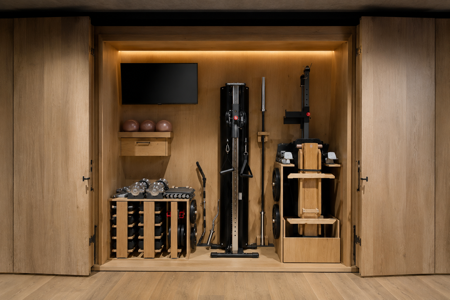 Geöffneter SESAMFIT Fitnessschrank mit kompletter Trainingsausstattung